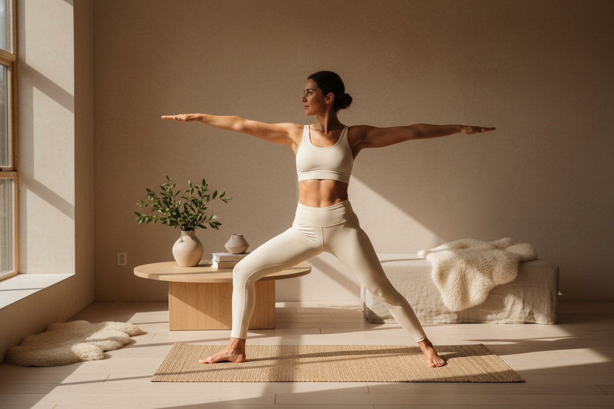 yoga lifestyle photo in neutral tones, active pose, natural light